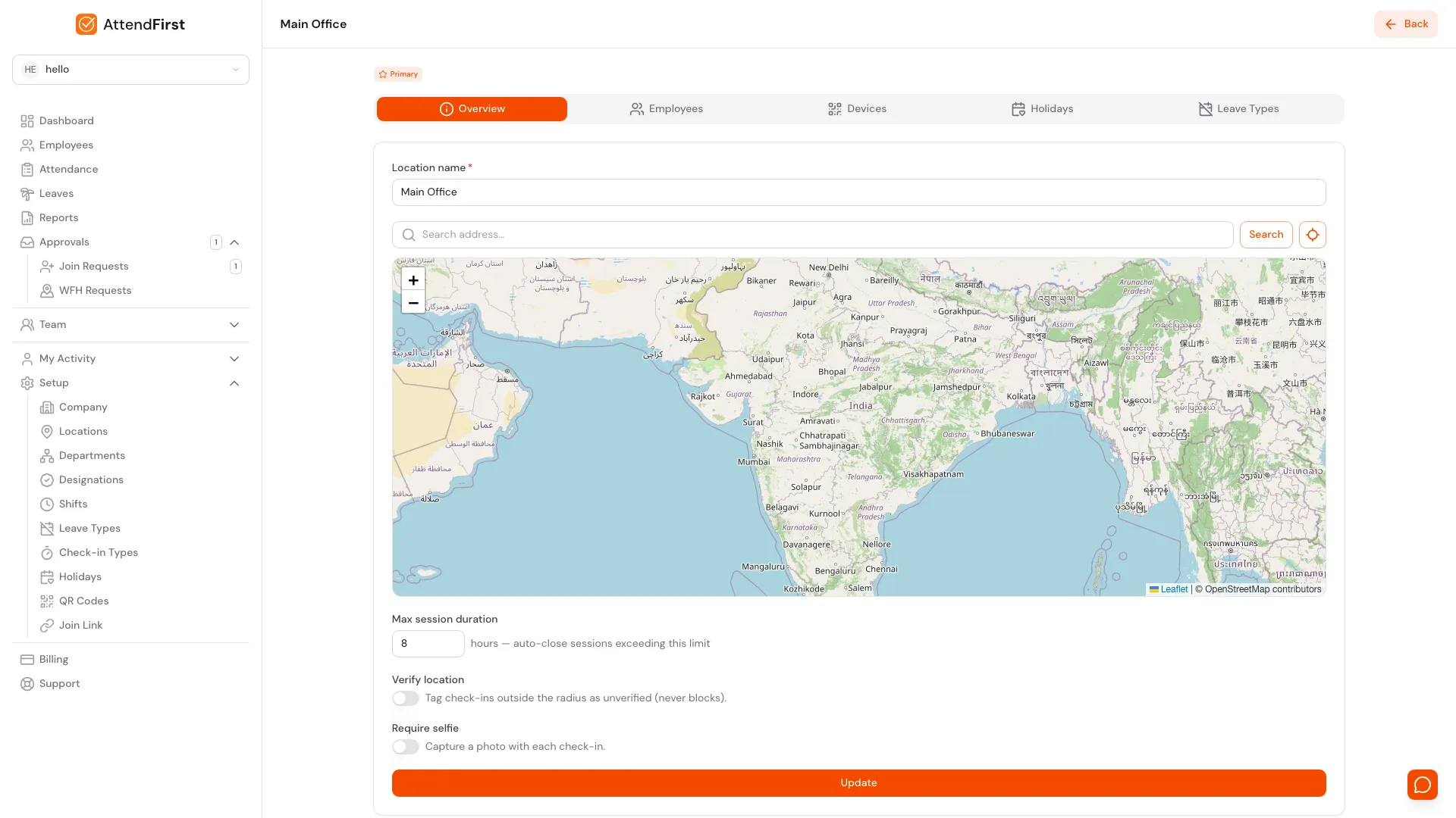 Main Office location detail page showing Overview tab with name field and a map of India centred on the location
