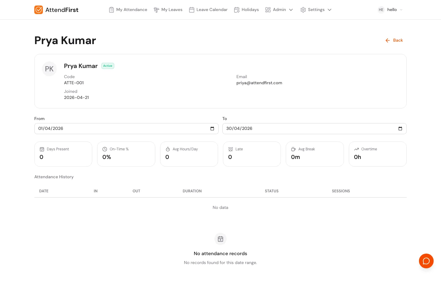 Employee profile page showing PK avatar, name, Active badge, Code, Email, Joined date, From/To date range filter, six stat cards (Days Present, On-Time %, Avg Hours/Day, Late, Avg Break, Overtime), and an Attendance History table