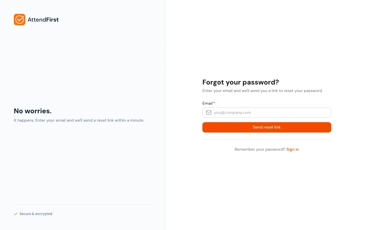 Forgot password page with a single Email field and a Send reset link button
