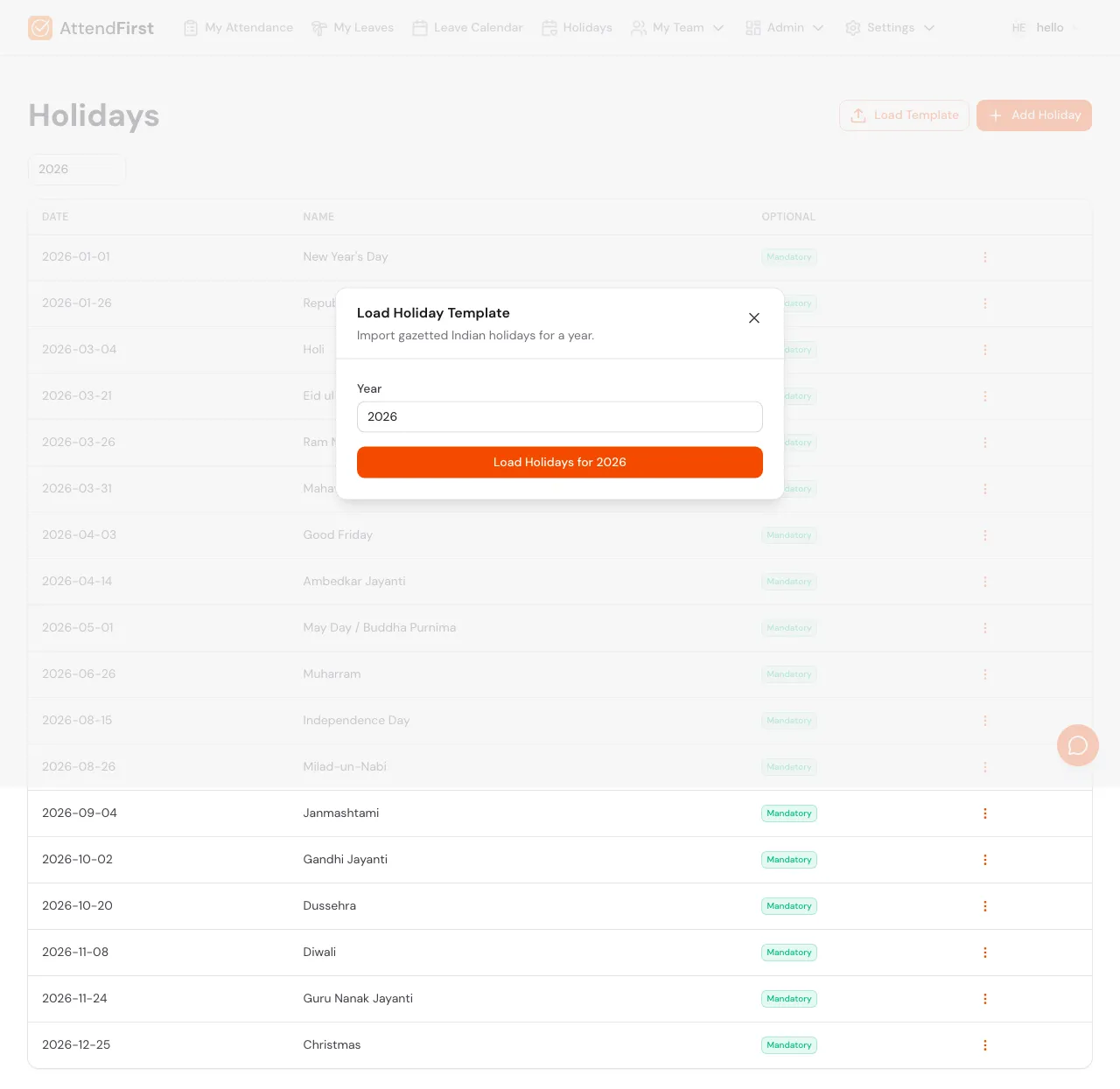 Load Holiday Template modal with a Year input defaulting to 2026 and a Load Holidays for 2026 button