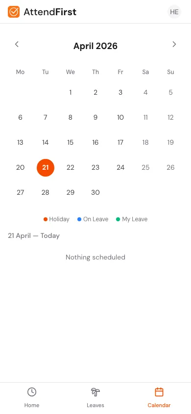 Mobile calendar at /m/calendar showing April 2026 as a 7-column month grid with today highlighted, a legend below, and a selected-date detail section