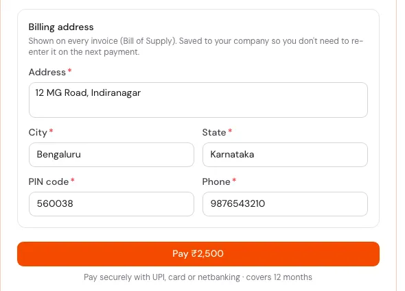 Billing address form with sample values filled in, above an orange Pay button showing the amount due and the line Pay securely with UPI, card or netbanking, covers 12 months