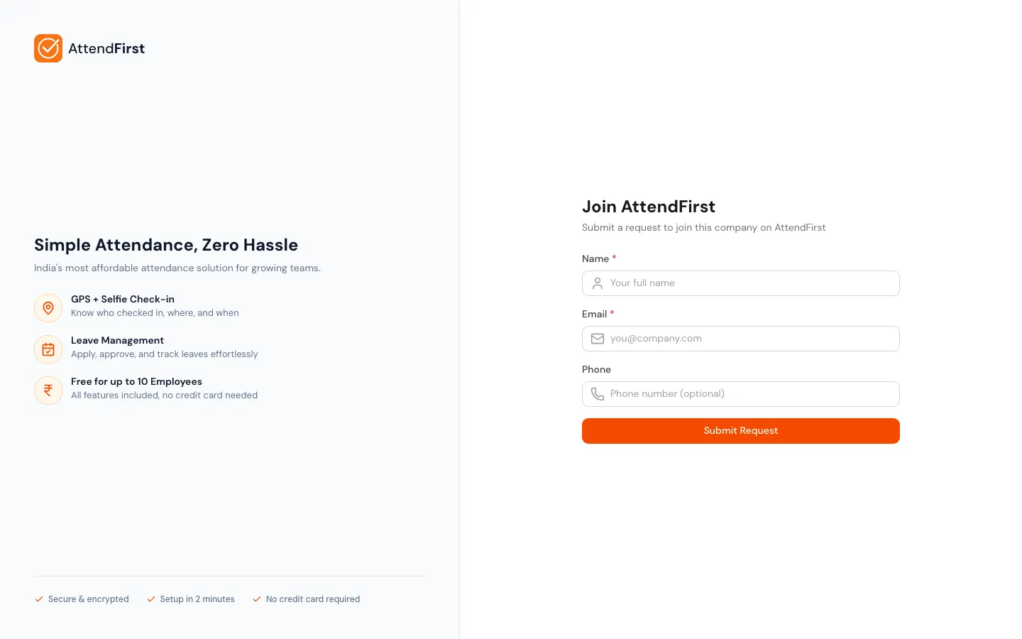 Public join page at /join/<slug> with Join AttendFirst heading and Name, Email, Phone fields plus Submit Request button
