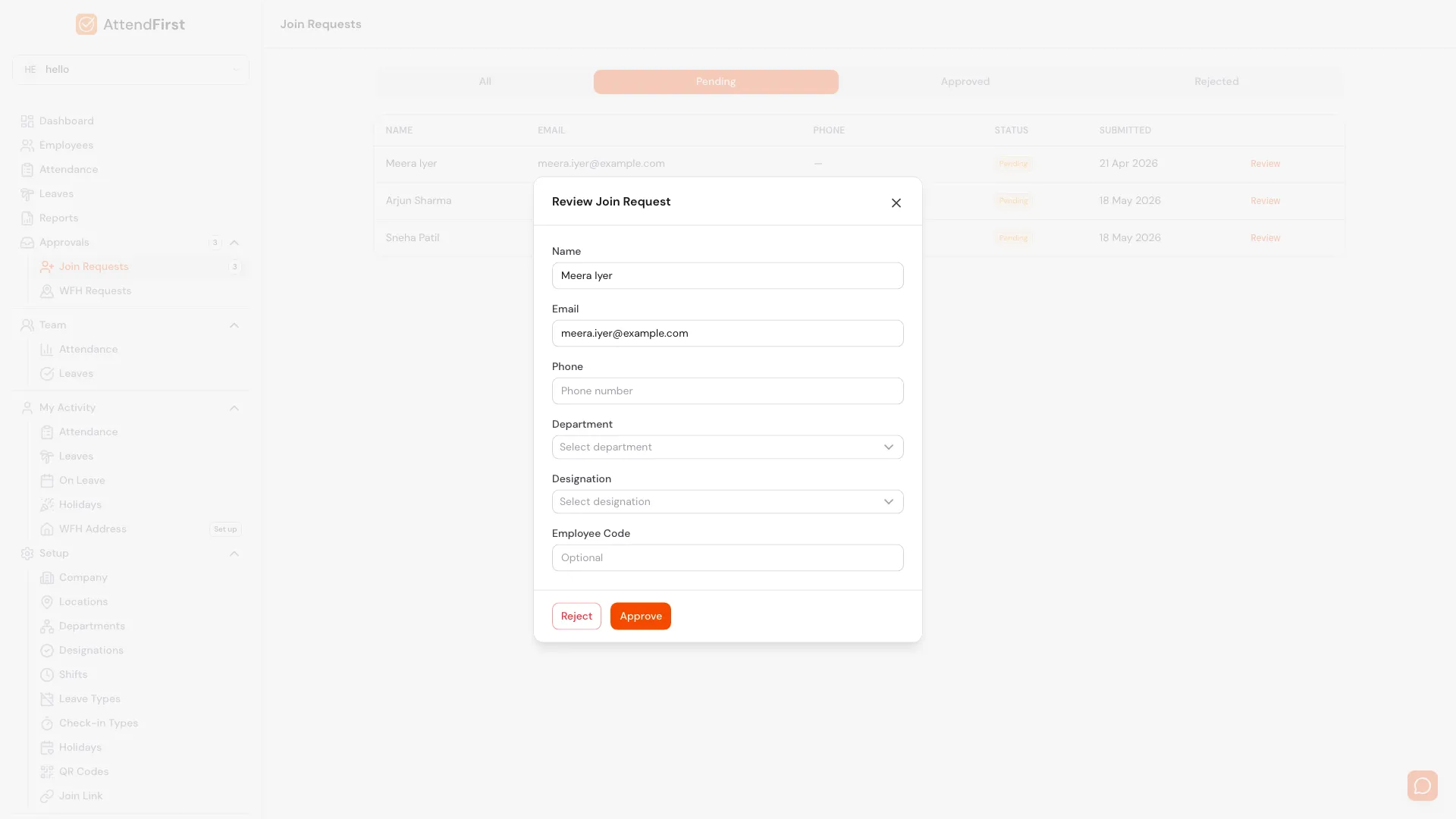 AttendFirst Review Join Request modal with editable Name, Email, and Phone fields, Department and Designation dropdowns, an optional Employee Code field, and Reject and Approve buttons for admin sign-off
