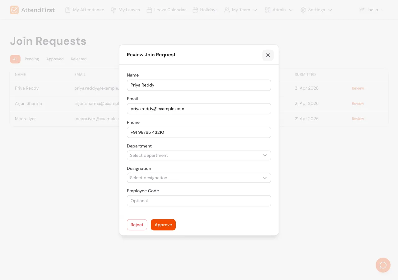 Review Join Request modal with editable Name, Email, Phone fields and dropdowns for Department, Designation, plus an optional Employee Code field, and Reject and Approve buttons at the bottom