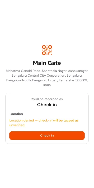 Scan card showing Location denied - check-in will be tagged as unverified. The Check in button is still enabled.