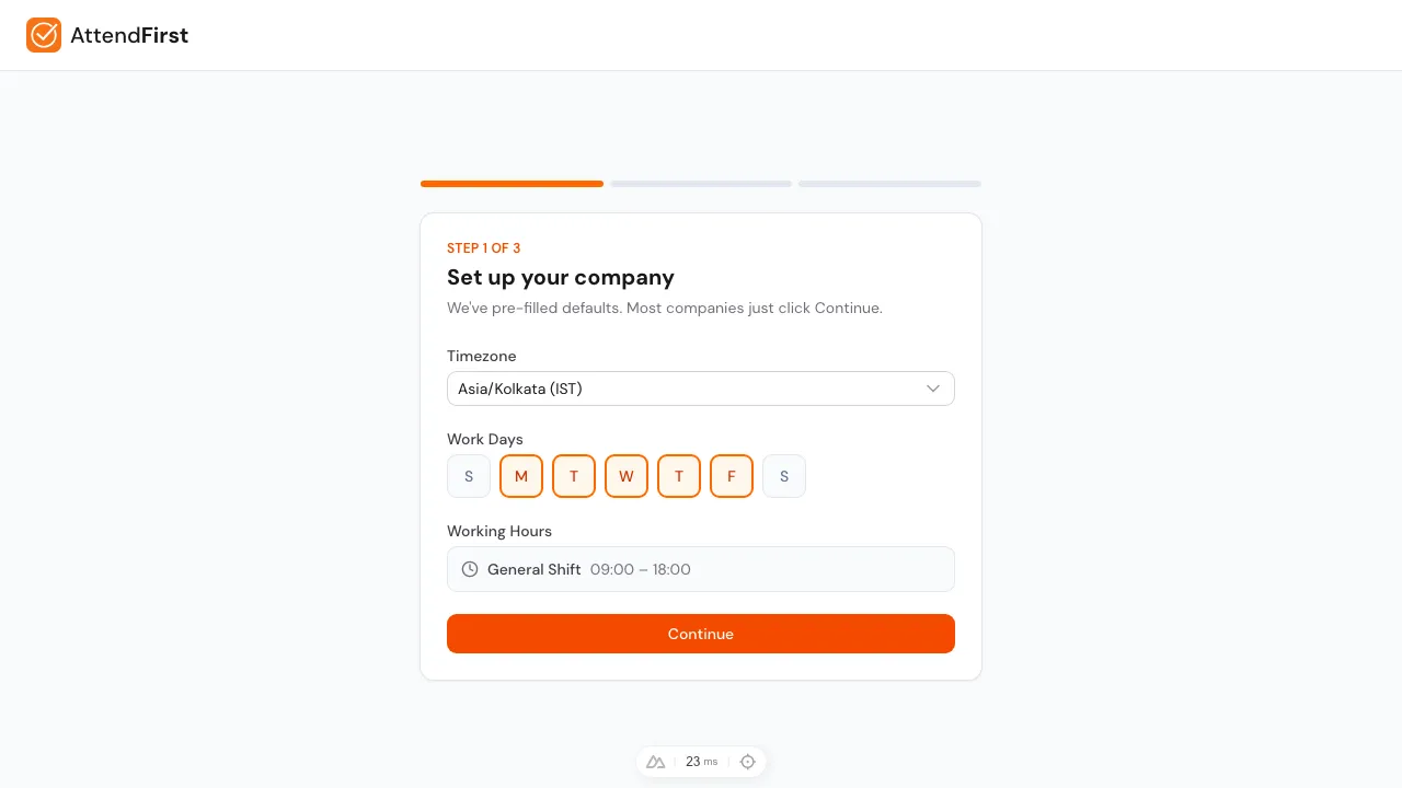 Setup wizard step 1 with timezone, work days and working hours