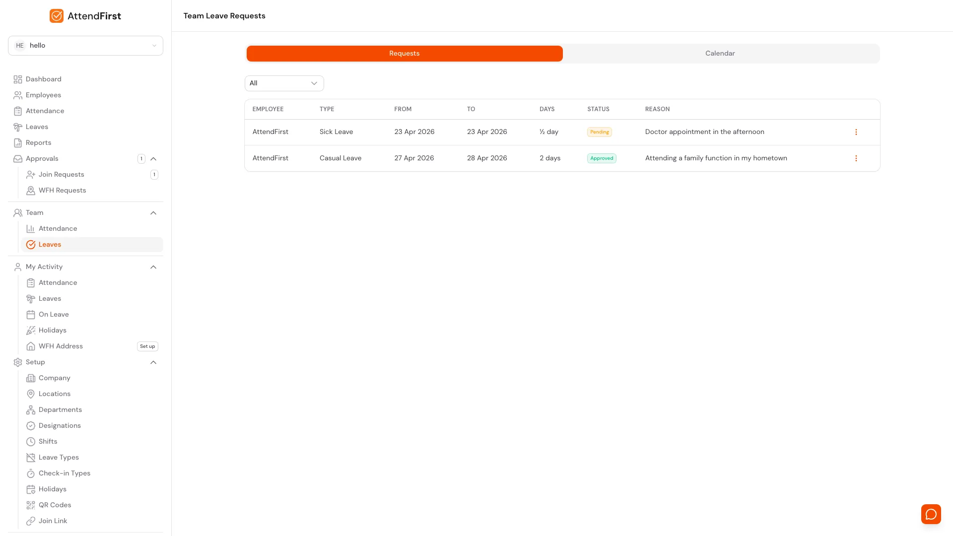 AttendFirst manager Team Leave Requests page at /team/leaves with Requests and Calendar tabs, an All/Pending/Approved/Rejected status filter, and a table showing Employee, Type, From, To, Days, Status, and Reason columns including a pending leave awaiting manager action