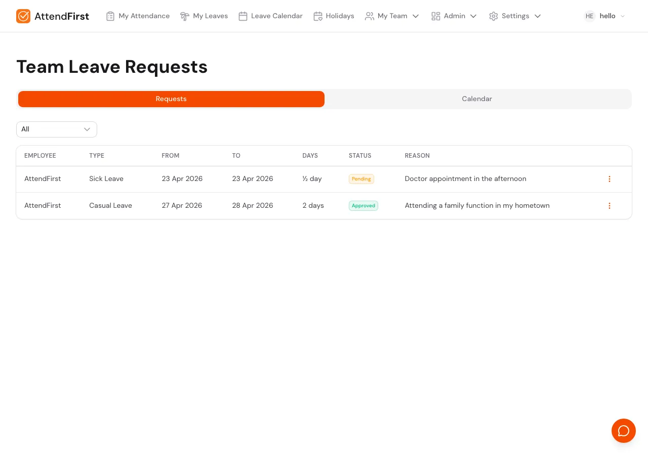 Team Leave Requests page with Requests and Calendar tabs, a status filter, and a table with Employee, Type, From, To, Days, Status, and Reason columns showing a pending leave