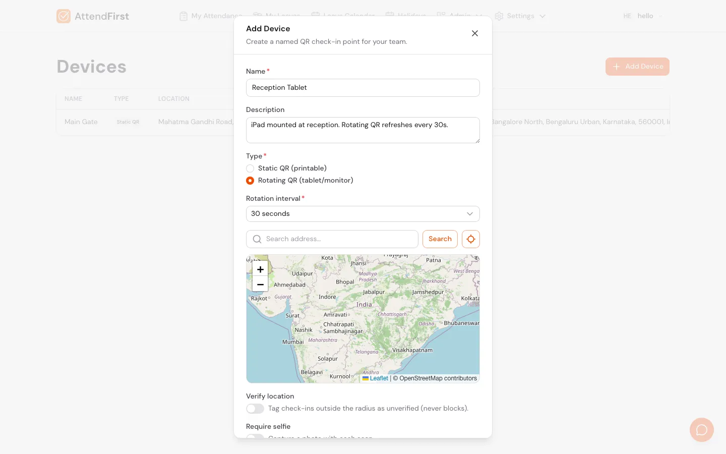 Add Device modal for Reception Tablet showing Rotating QR selected and a Rotation interval dropdown set to 30 seconds