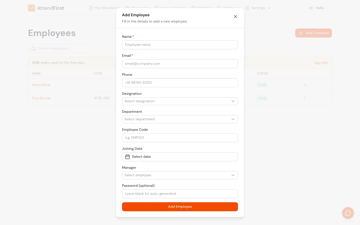 Add Employee modal with Name, Email, Phone, Designation, Department, Employee Code, Joining Date, Manager, and Password fields
