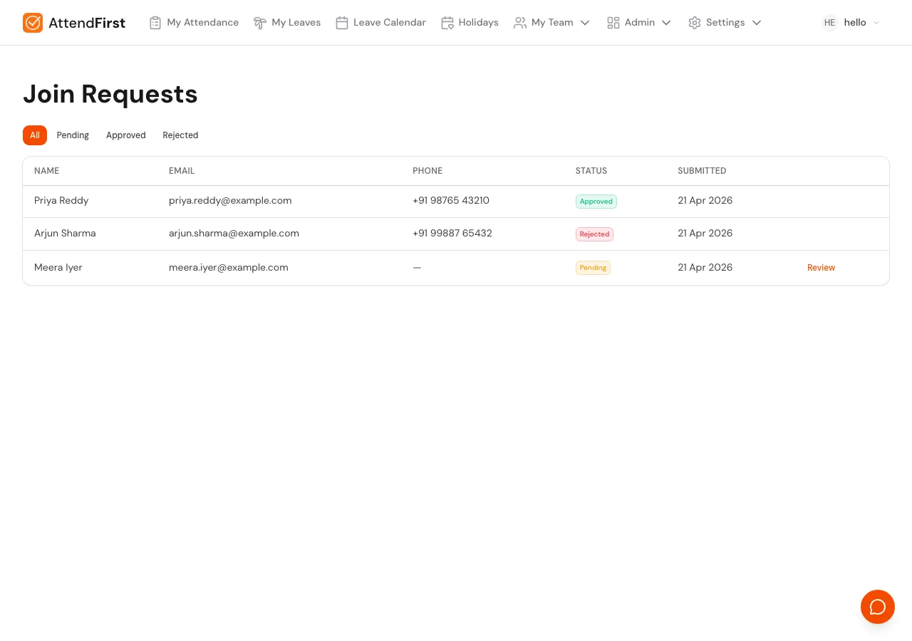 Join Requests All tab showing one Approved row (Priya Reddy), one Rejected row (Arjun Sharma), and one Pending row (Meera Iyer) with a Review link