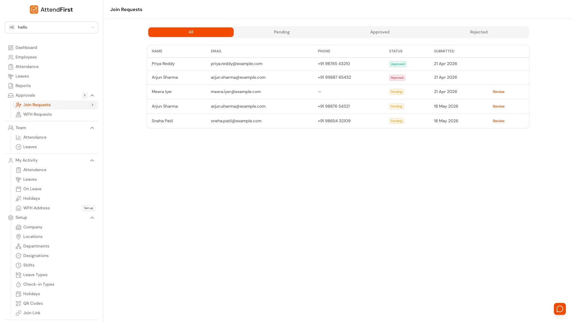 AttendFirst Join Requests page showing a queue of pending employee requests with name, email, phone, submitted time, and Approve/Reject buttons.