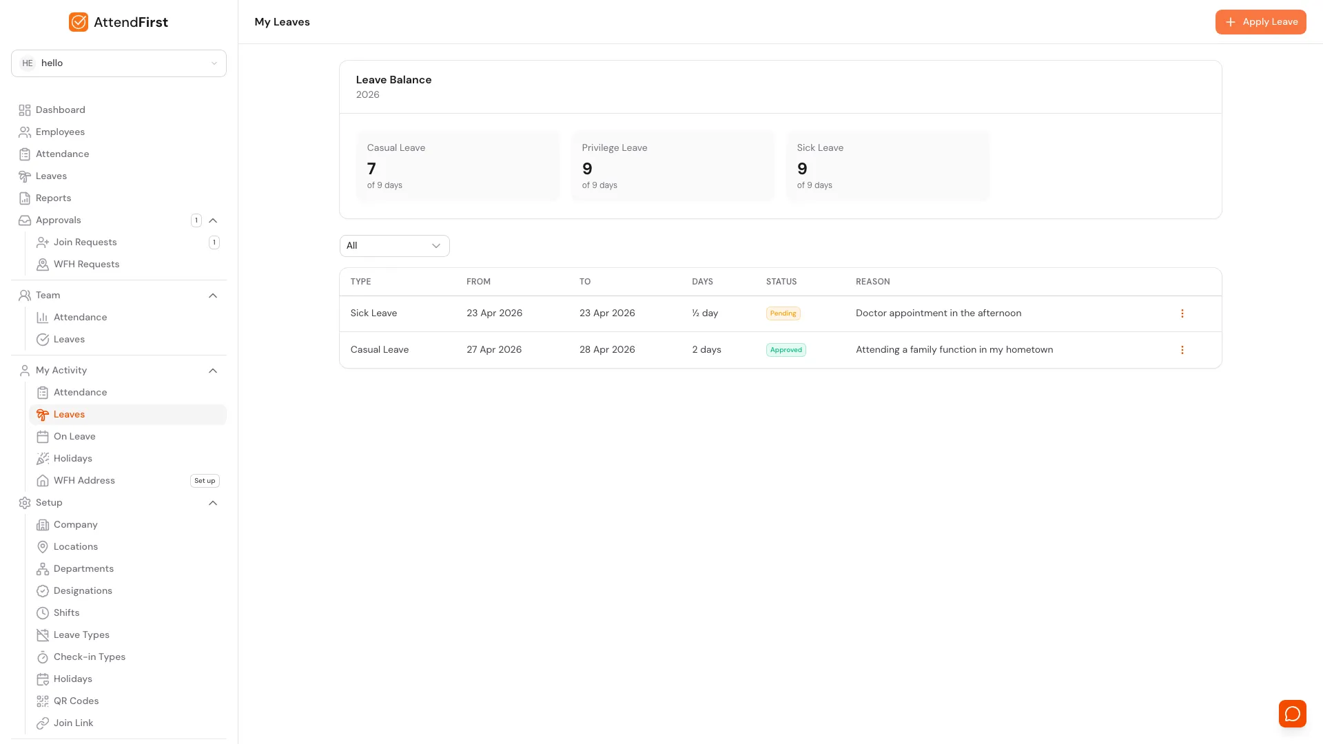 AttendFirst shared Leave Calendar at /calendar showing the April 2026 monthly grid with one row per employee, columns per day, and a colour legend for Approved leave, On Leave Today, Half Day, Holiday, Week Off, and Today
