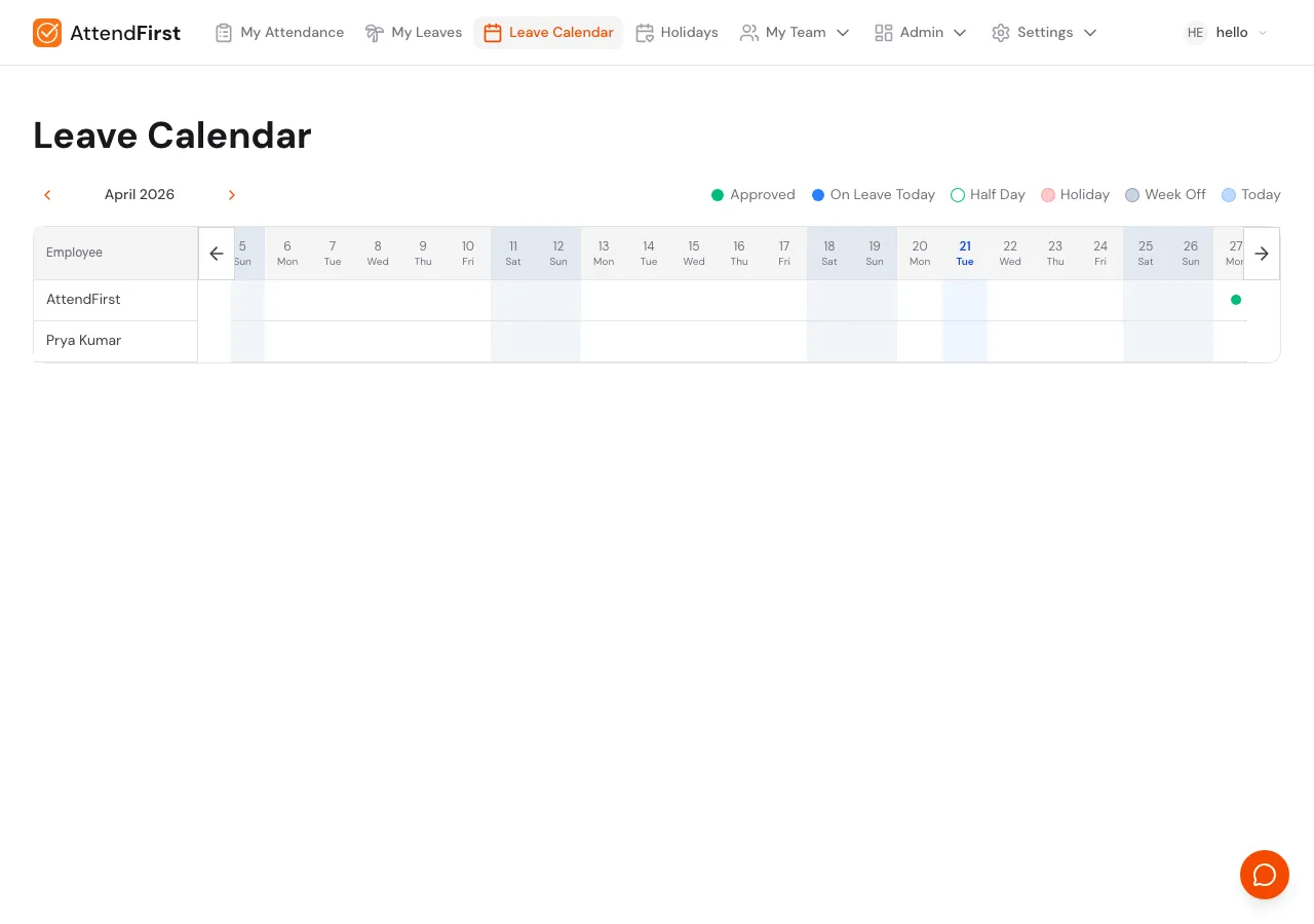 Leave Calendar page with April 2026 month navigation, a legend (Approved, On Leave Today, Half Day, Holiday, Week Off, Today), and one row per employee