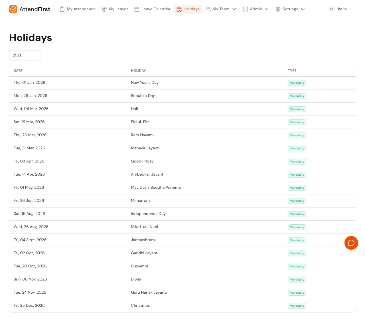 Employee Holidays page with year filter, and a table with Date, Holiday, Type columns