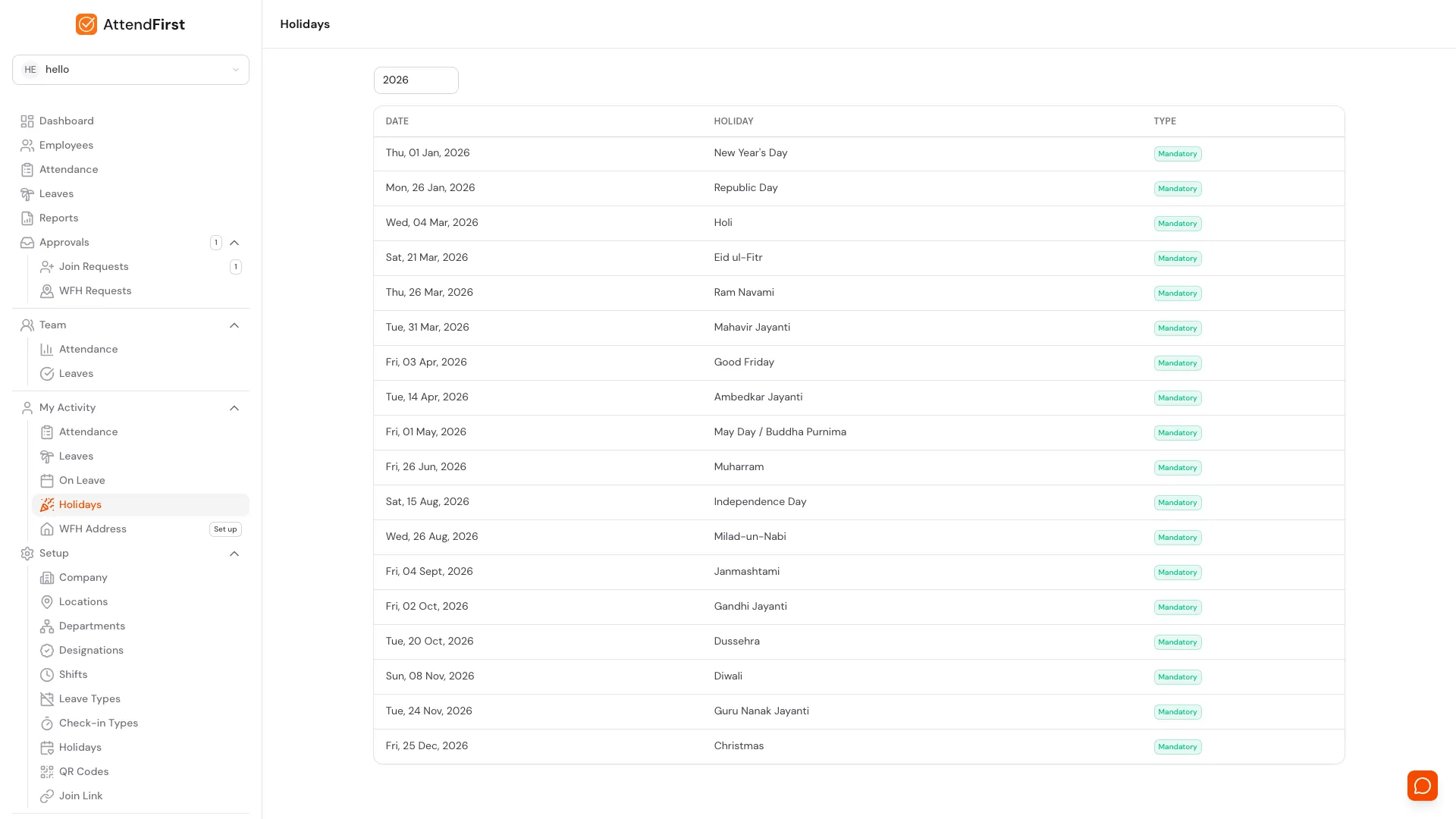 AttendFirst employee Holidays page at /holidays showing a read-only year view of every public and location-specific holiday the employee gets off, with date, name, and Mandatory or Optional type badges