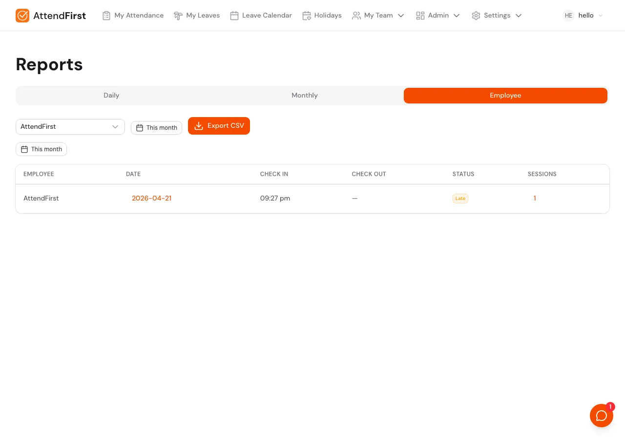 Employee report tab with an employee picker, This month filter, and a Select an employee empty state