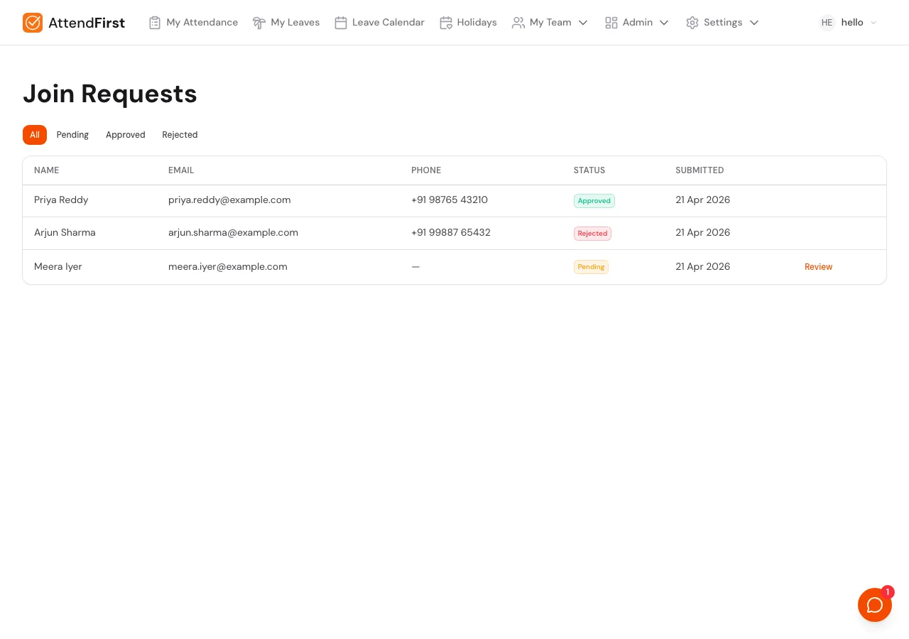 Admin Join Requests page with All, Pending, Approved, Rejected tabs and a table with Name, Email, Phone, Status, Submitted columns
