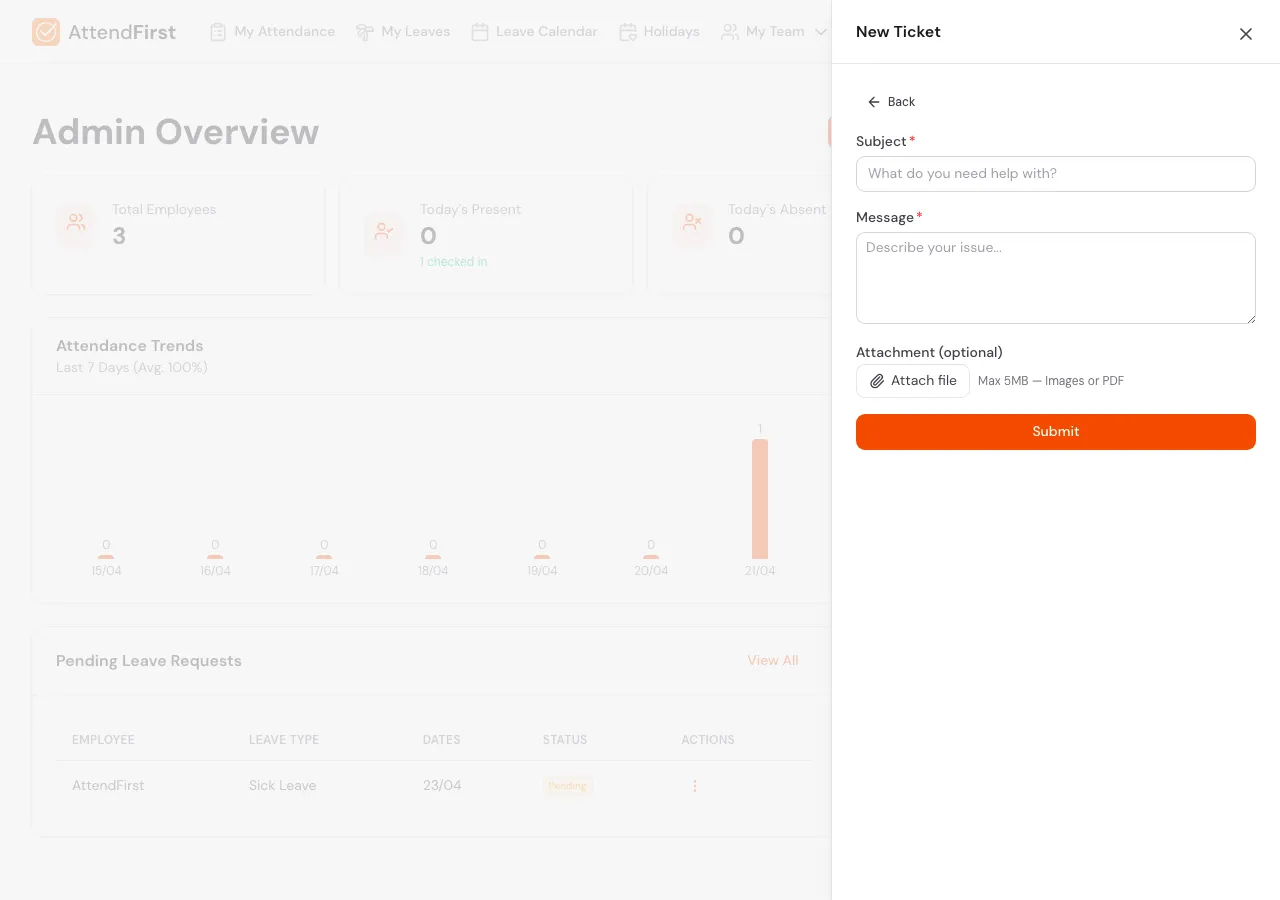 New Ticket form with Subject input, Message textarea, an optional Attach file control with Max 5MB Images or PDF note, and a Submit button