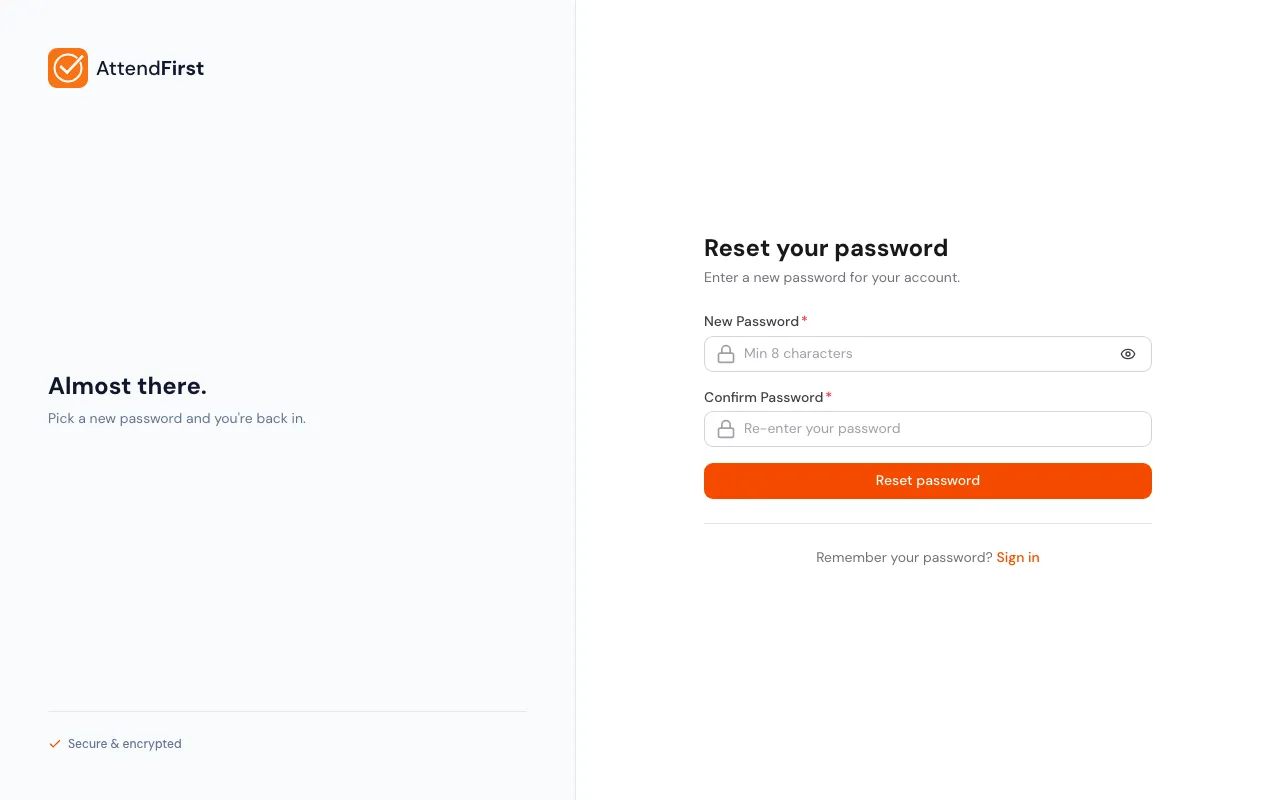 Reset your password page with New Password and Confirm Password fields and a Reset password button