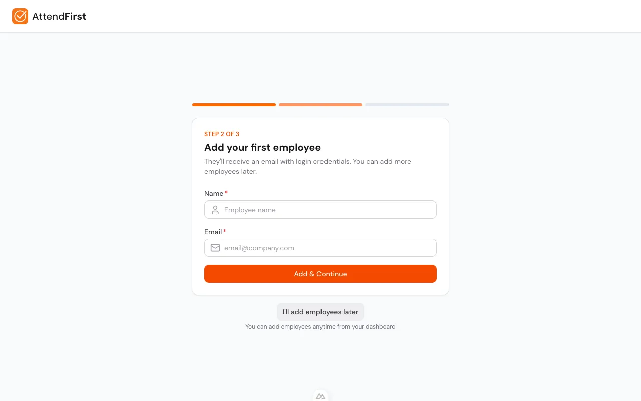 Setup wizard step 2 with employee name and email fields