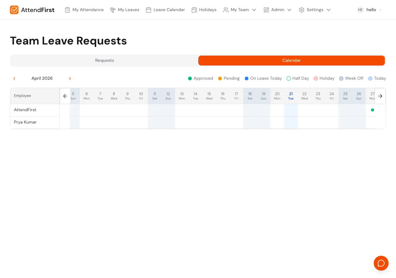 Team Leave Requests Calendar tab showing a monthly grid with an employee row and day columns, and a message No leave requests this month when no approved leaves exist