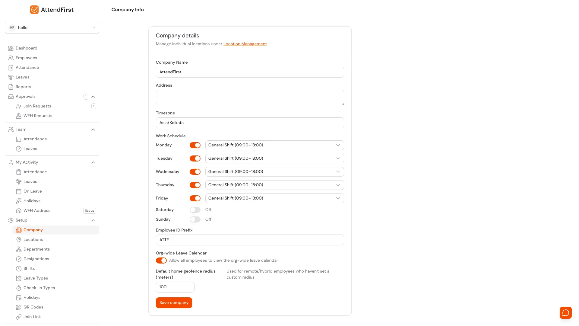 AttendFirst Work Schedule section on the Company settings page showing Monday through Friday assigned to General Shift 09:00-18:00 with Saturday and Sunday toggled off as weekly week-offs