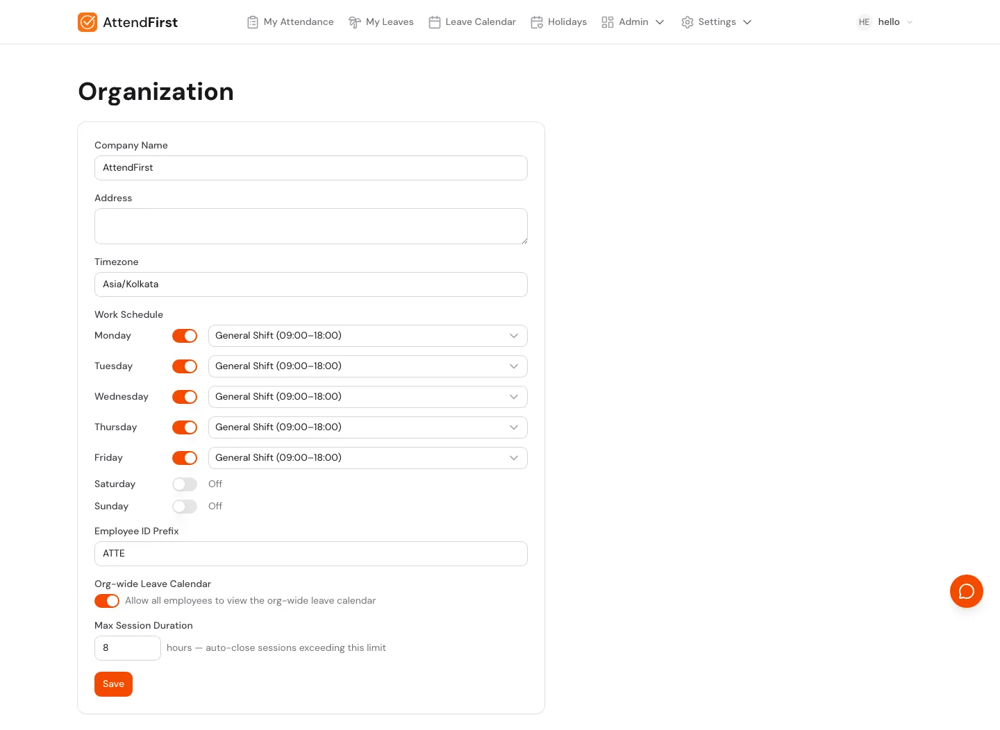 Organization settings page showing Work Schedule section with Monday-Friday enabled with General Shift 09:00-18:00 and Saturday/Sunday toggled off