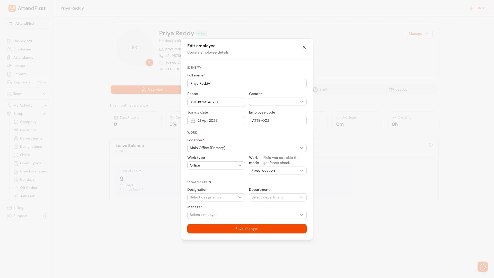 AttendFirst Edit employee form with the Work section showing the Location field, a Work type dropdown set to Office, and a Work mode dropdown set to Fixed location