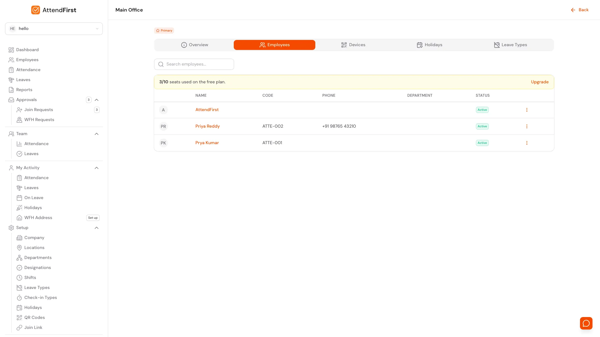 Location detail Employees tab listing every employee assigned to this location with their Code, Phone, Department, and Status