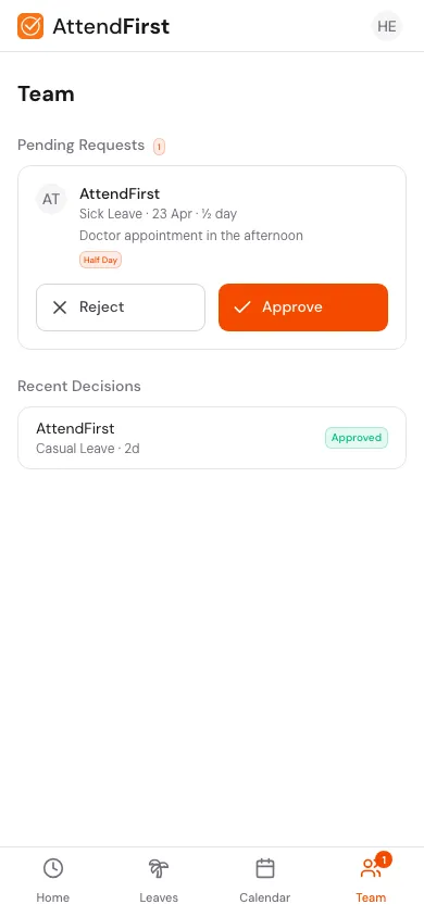 Mobile /m/team screen showing Pending Requests section with a card containing employee name, leave type, dates, reason, and Reject and Approve buttons