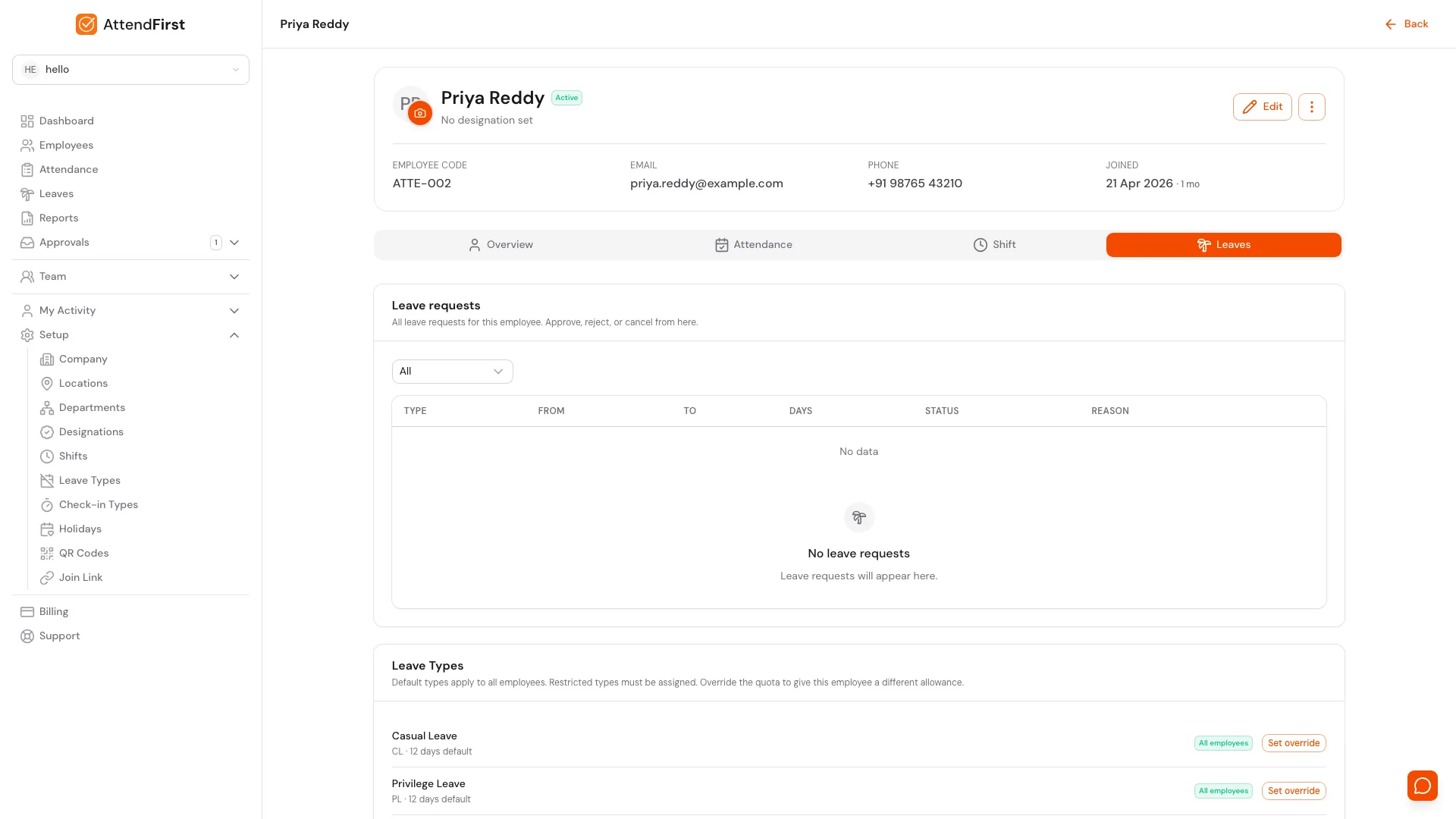 Employee profile Leaves tab showing Leave requests card and Leave Types card listing the company's leave types for this employee