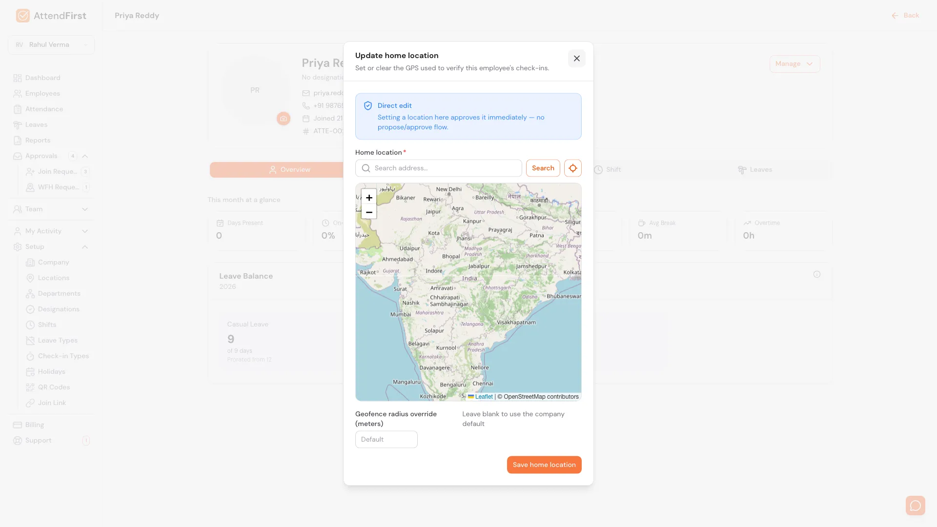 AttendFirst Update home location modal showing a Direct edit notice, an address search with a map, a Geofence radius override field, and a Save home location button