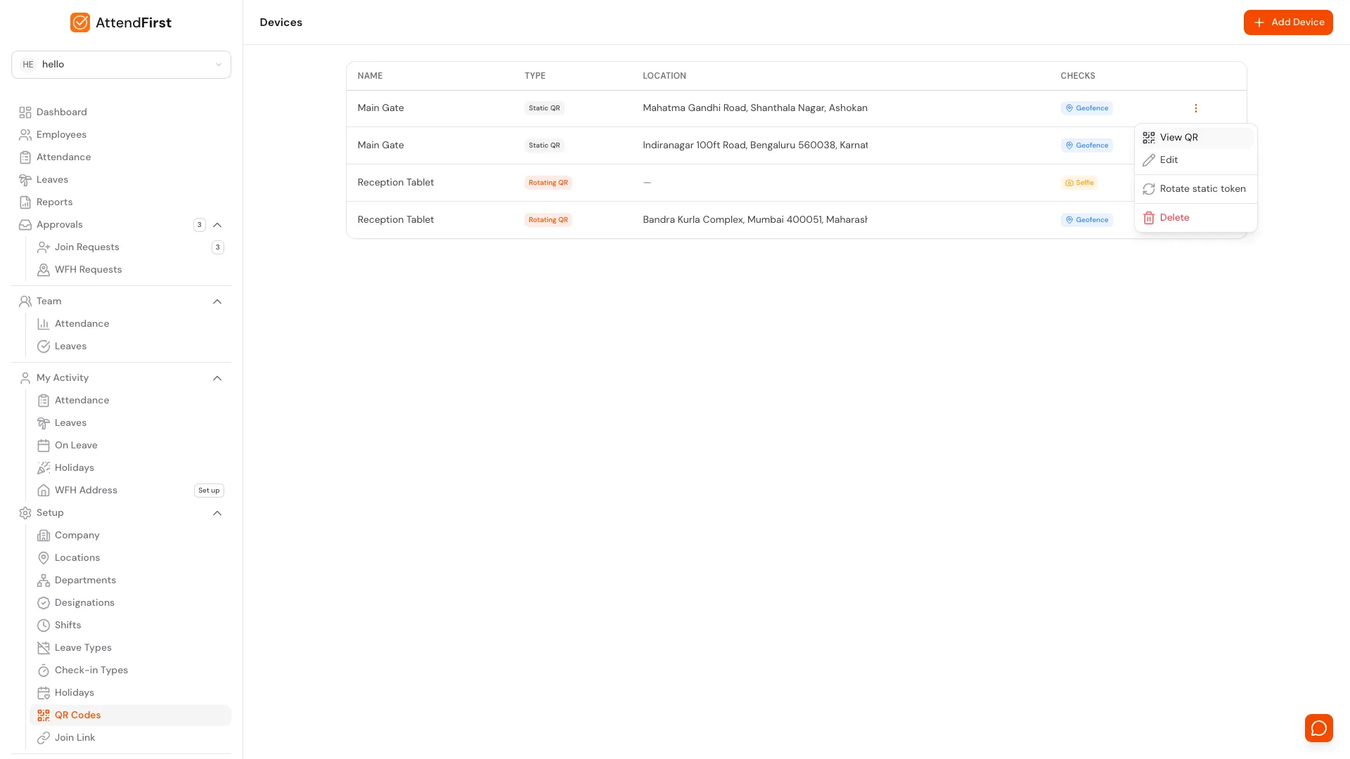 Three-dot menu on a device row showing View QR, Edit, Rotate static token, and Delete