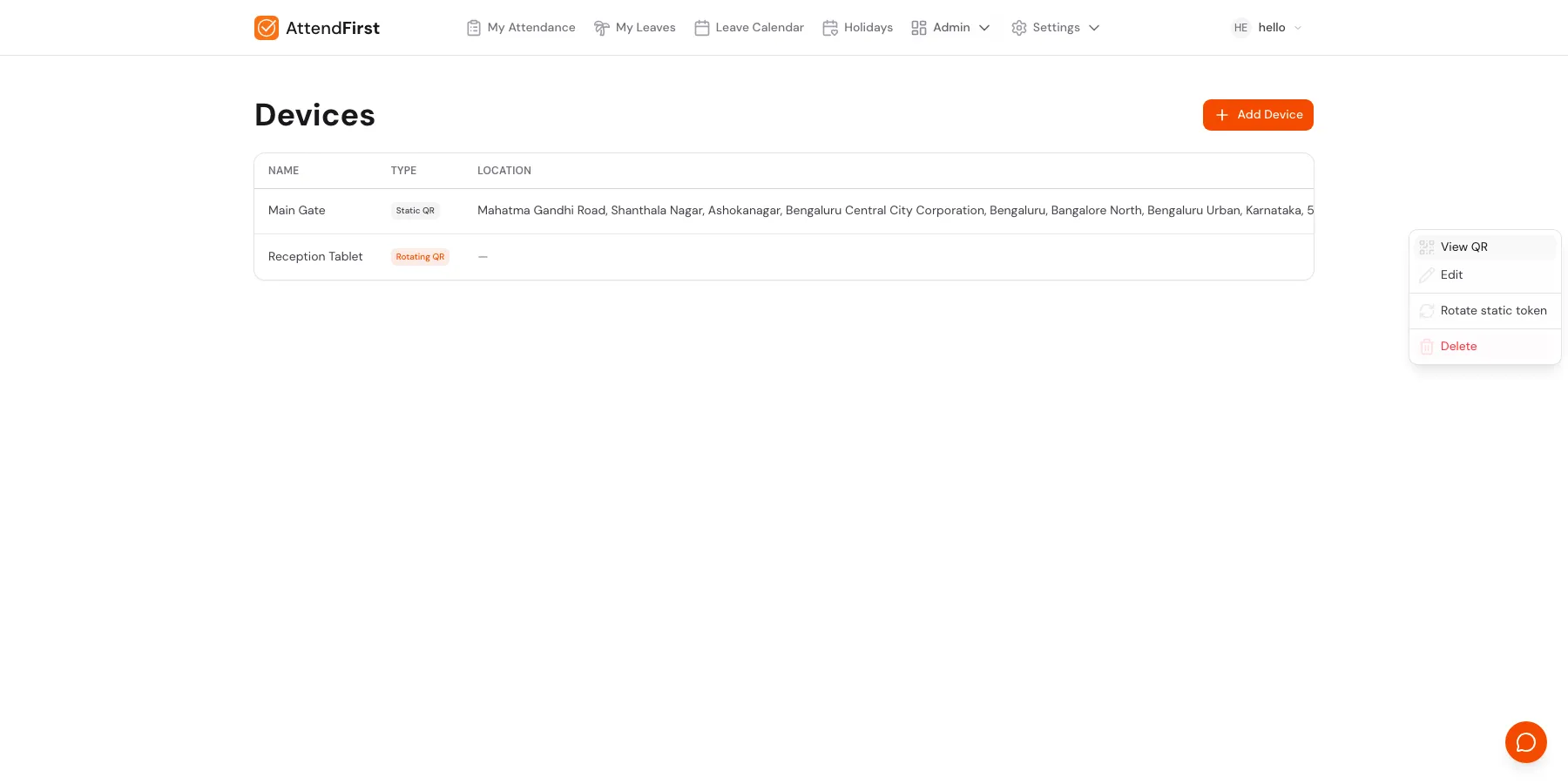 Three-dot menu on a device row showing View QR, Edit, Rotate static token, and Delete