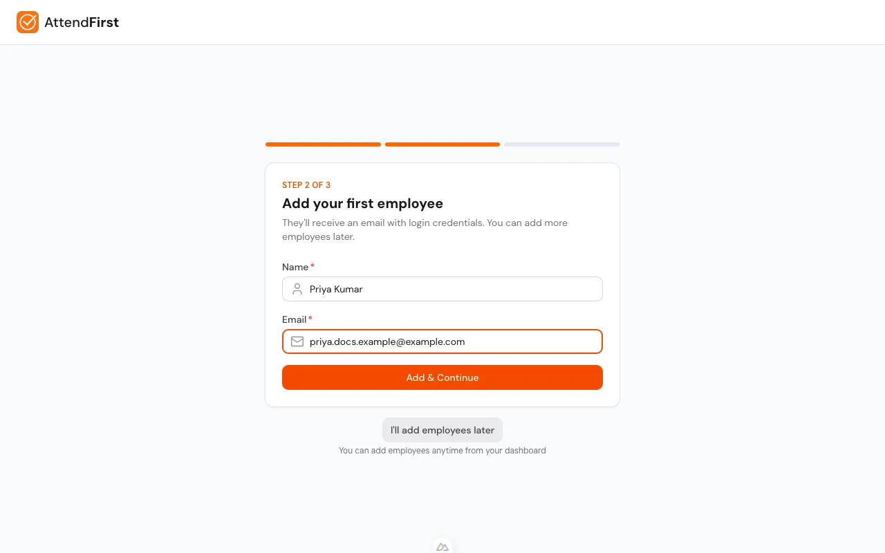 Setup wizard step 2 with name and email filled in