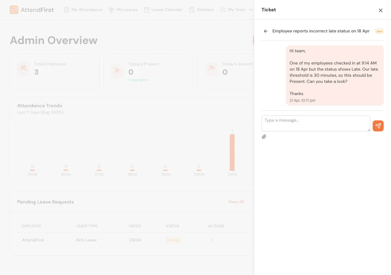 Ticket thread view showing a user message on the right with a light-orange background, a back arrow and the ticket subject with an open badge at the top, and a reply input with attachment icon and send button at the bottom
