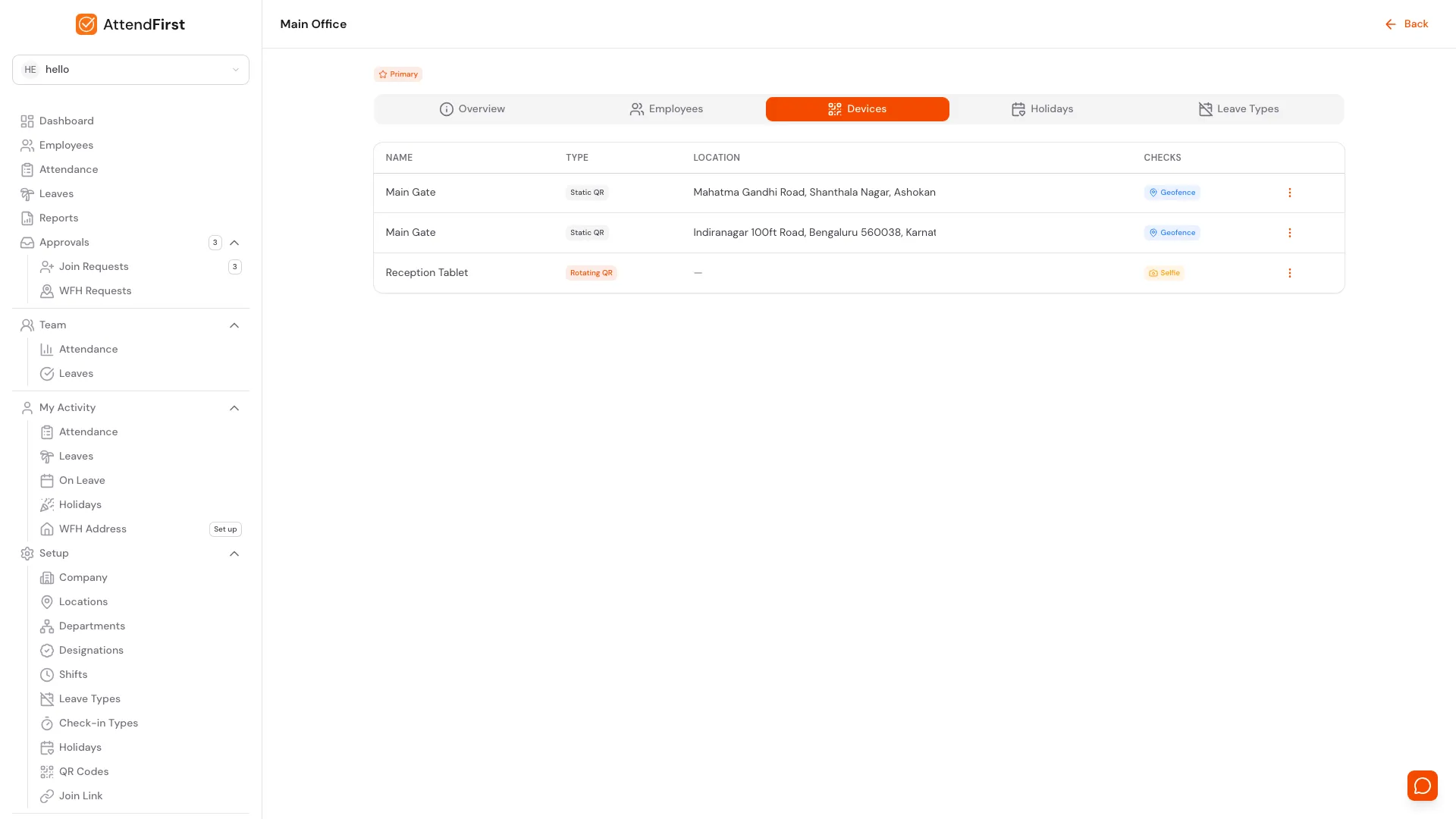 Location detail Devices tab listing QR check-in devices for this location with Type, address, and Checks badges