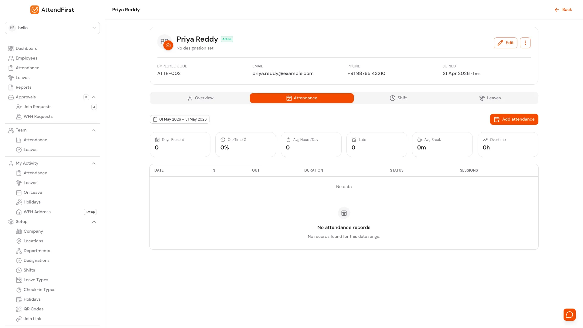 Employee profile Attendance tab with a date-range picker, six KPI cards (Days Present, On-Time %, Avg Hours/Day, Late, Avg Break, Overtime), and an Add attendance button. Attendance history table below