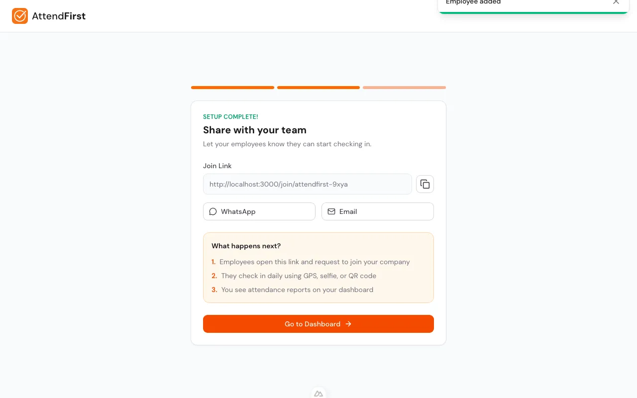 Setup wizard step 3 showing join link with Copy, WhatsApp and Email buttons