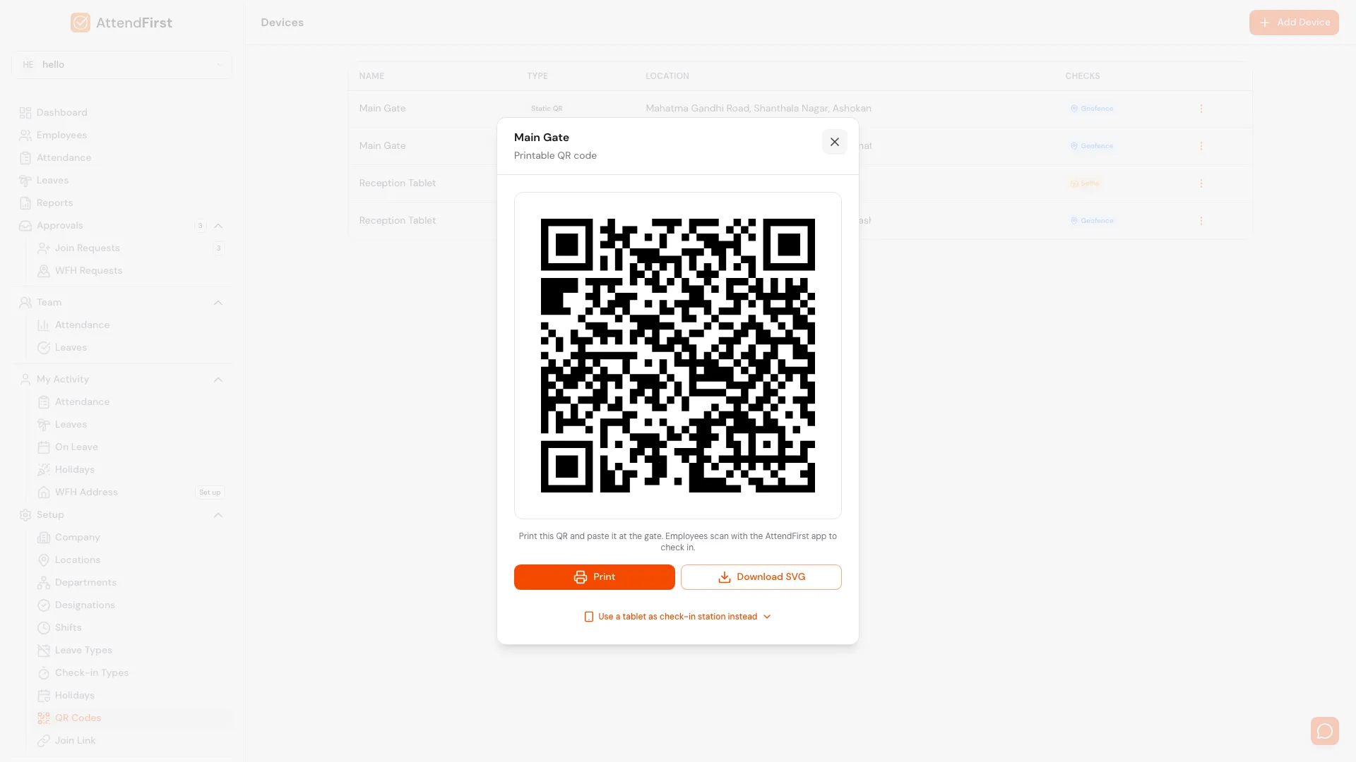 AttendFirst static QR print dialog showing the generated gate QR code with location, URL, and a Print button.
