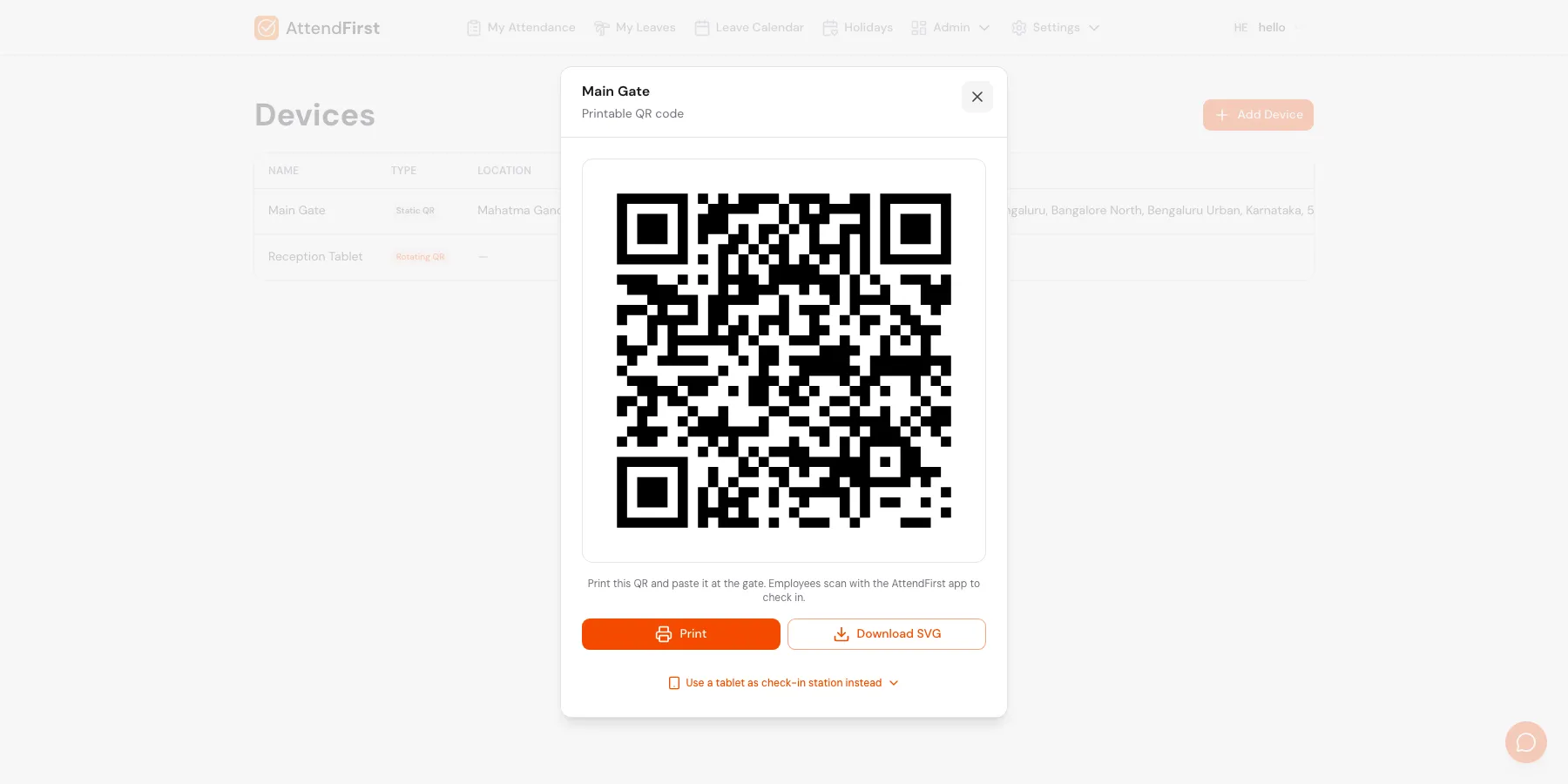 View QR modal for Main Gate showing a large printable QR code, Print and Download SVG buttons, and a link to use a tablet instead
