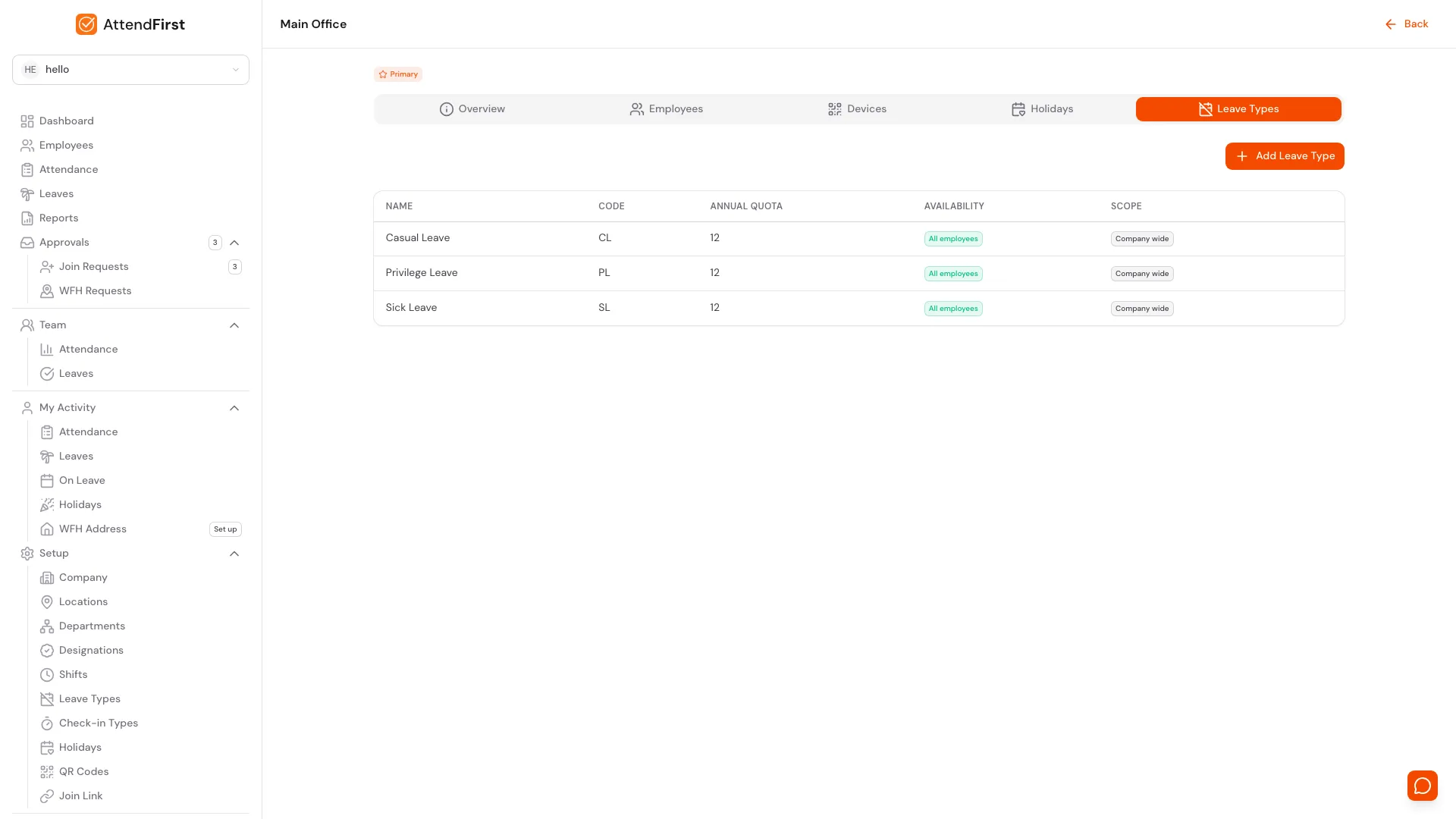 Location detail Leave Types tab showing Casual Leave CL 12, Privilege Leave PL 12, Sick Leave SL 12 all marked Company wide