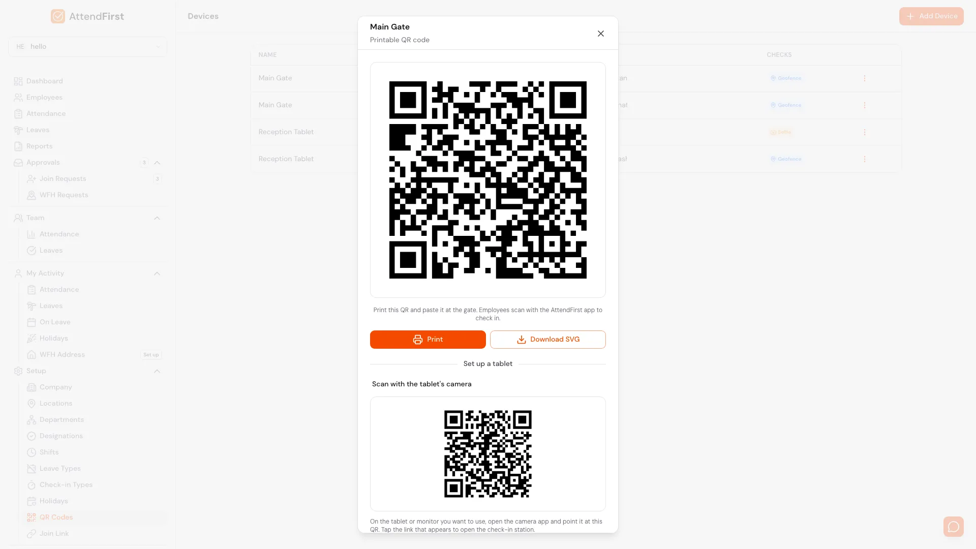 AttendFirst Rotating QR tablet setup modal for Reception Tablet showing the camera-scannable setup QR, the 6-digit pairing code 751 961, and instructions to open app.attendfirst.com/pair on the tablet