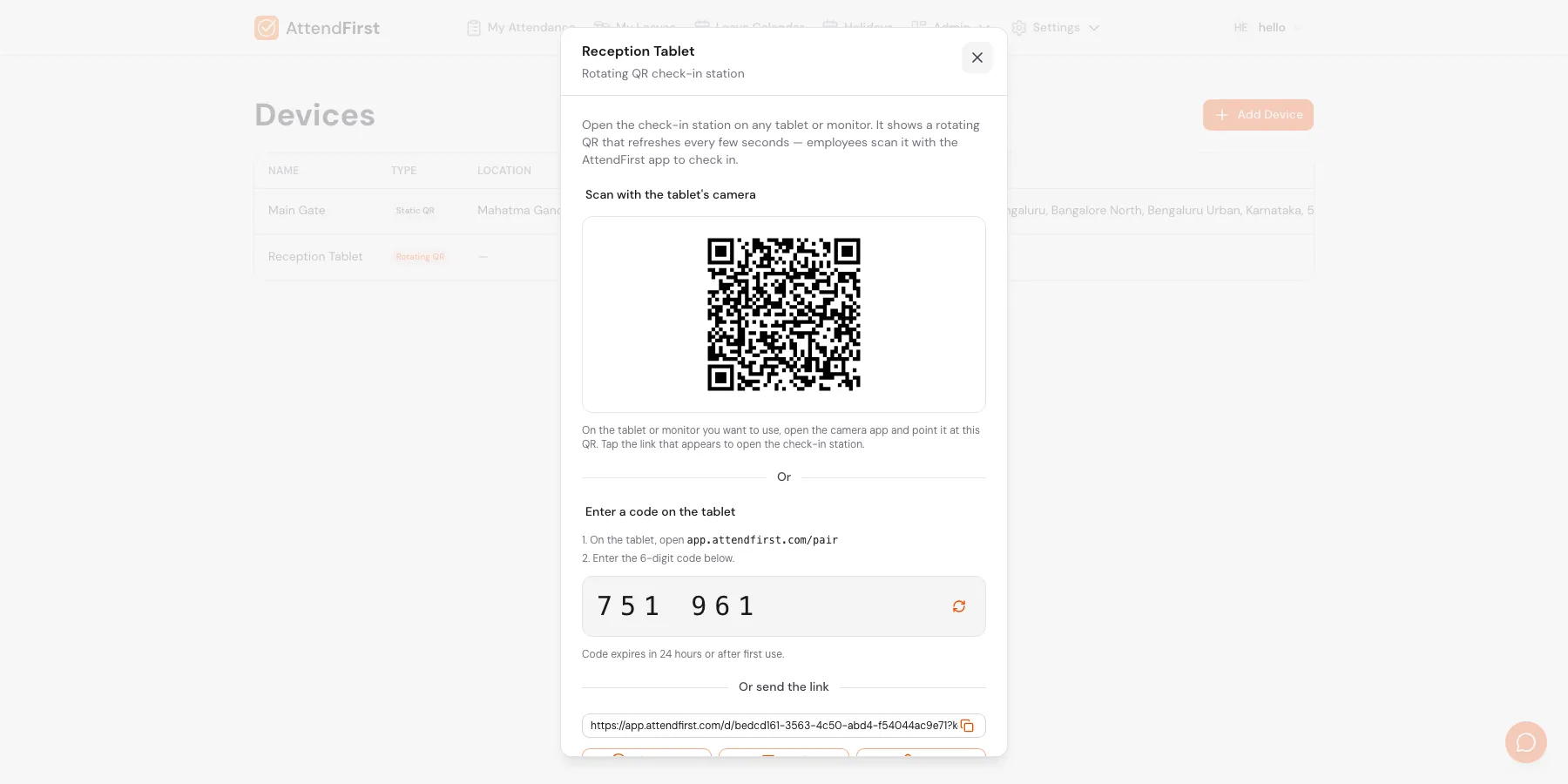 Rotating QR View modal for Reception Tablet with a setup QR for the tablet camera, a pairing code 751 961, and instructions to open app.attendfirst.com/pair