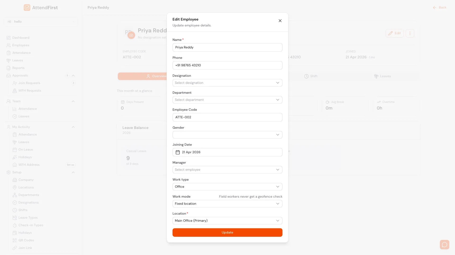 Edit Employee modal with Name, Phone, Designation, Department, Employee Code, Gender, Joining Date, Manager, Work type, Work mode, and Location fields