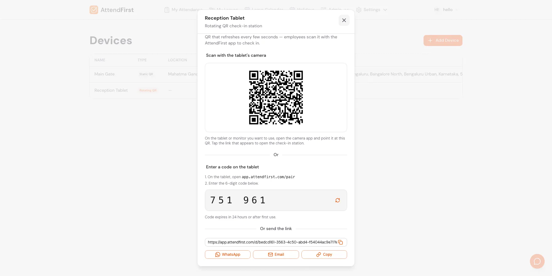 Tablet setup modal scrolled to the bottom showing the full station URL with a copy icon and three buttons: WhatsApp, Email, Copy