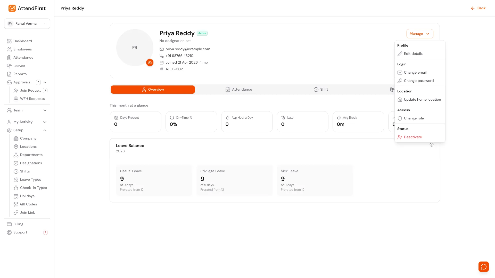 Employee profile Manage menu open, grouped into Profile (Edit details), Login (Change email, Change password), Location (Update home location), Access (Change role), and Status (Deactivate)