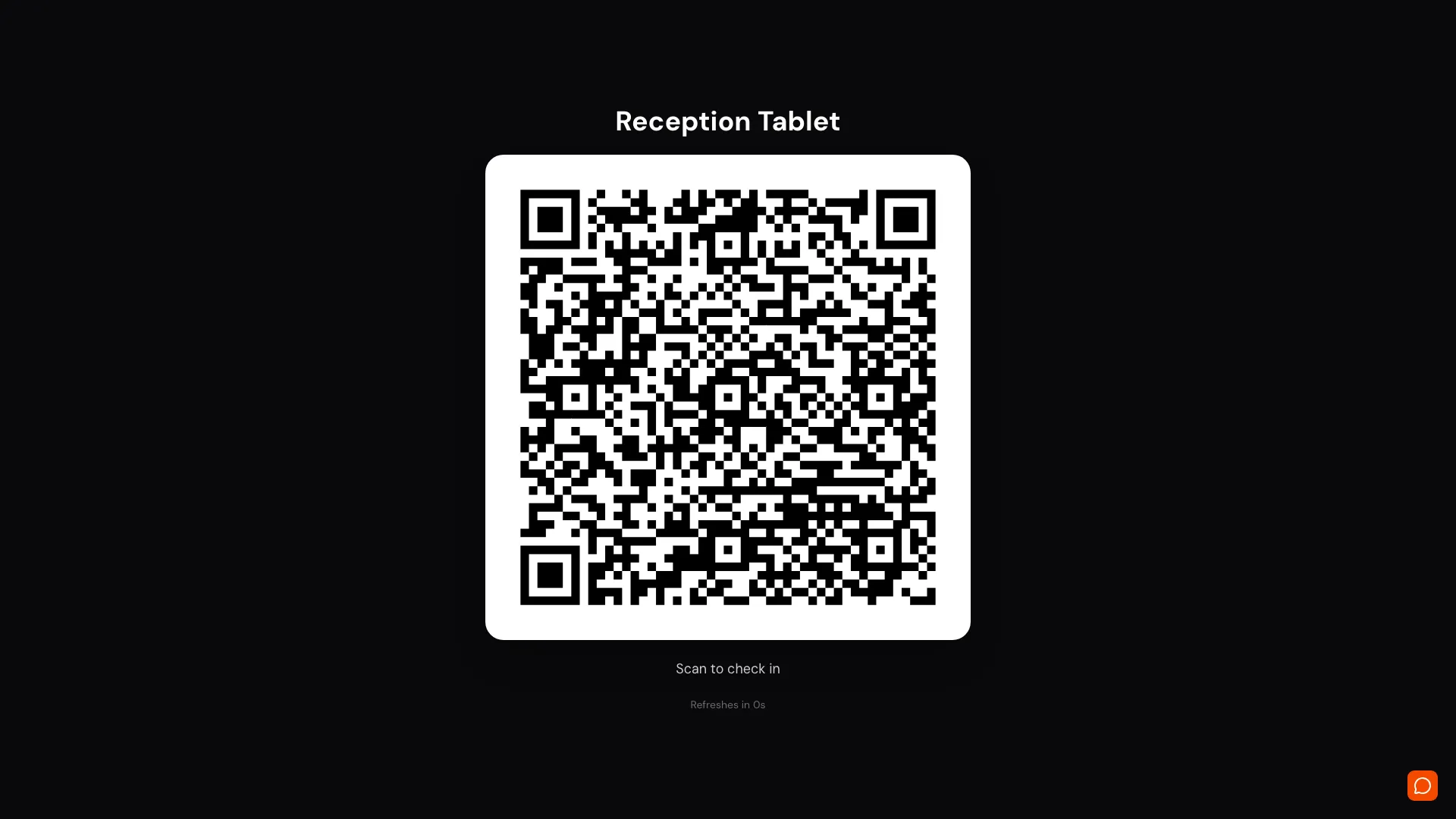 AttendFirst rotating QR station on a tablet showing Reception Tablet header, a large QR code, 'Scan to check in' caption, and a 'Refreshes in 28s' countdown.